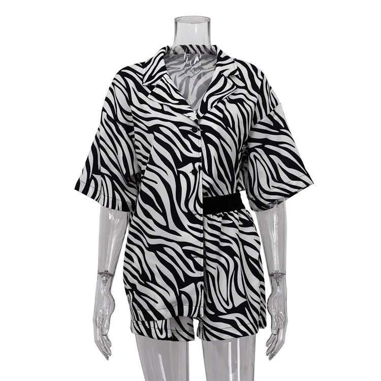 Pre Order:  Casual Print Loose Short Sleeved Shirt   Shorts Set