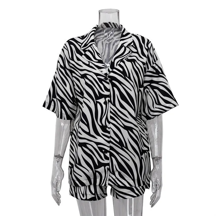 Pre Order:  Casual Print Loose Short Sleeved Shirt   Shorts Set