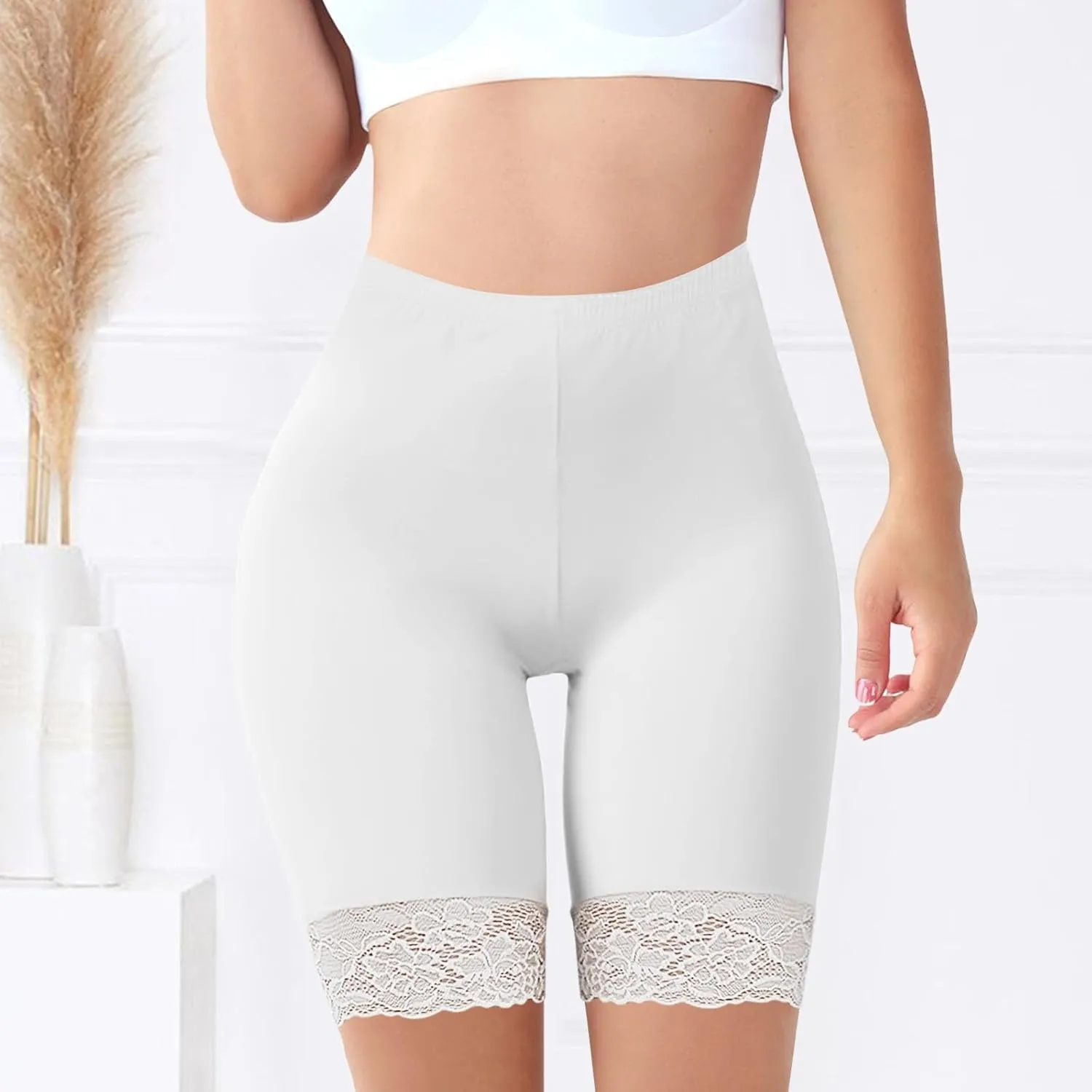 Slim Fit Shorts Women Stretch Smooth Lace Trim Workout Yoga Shorts Under Dresses Comfortable Workout Biker Shorts