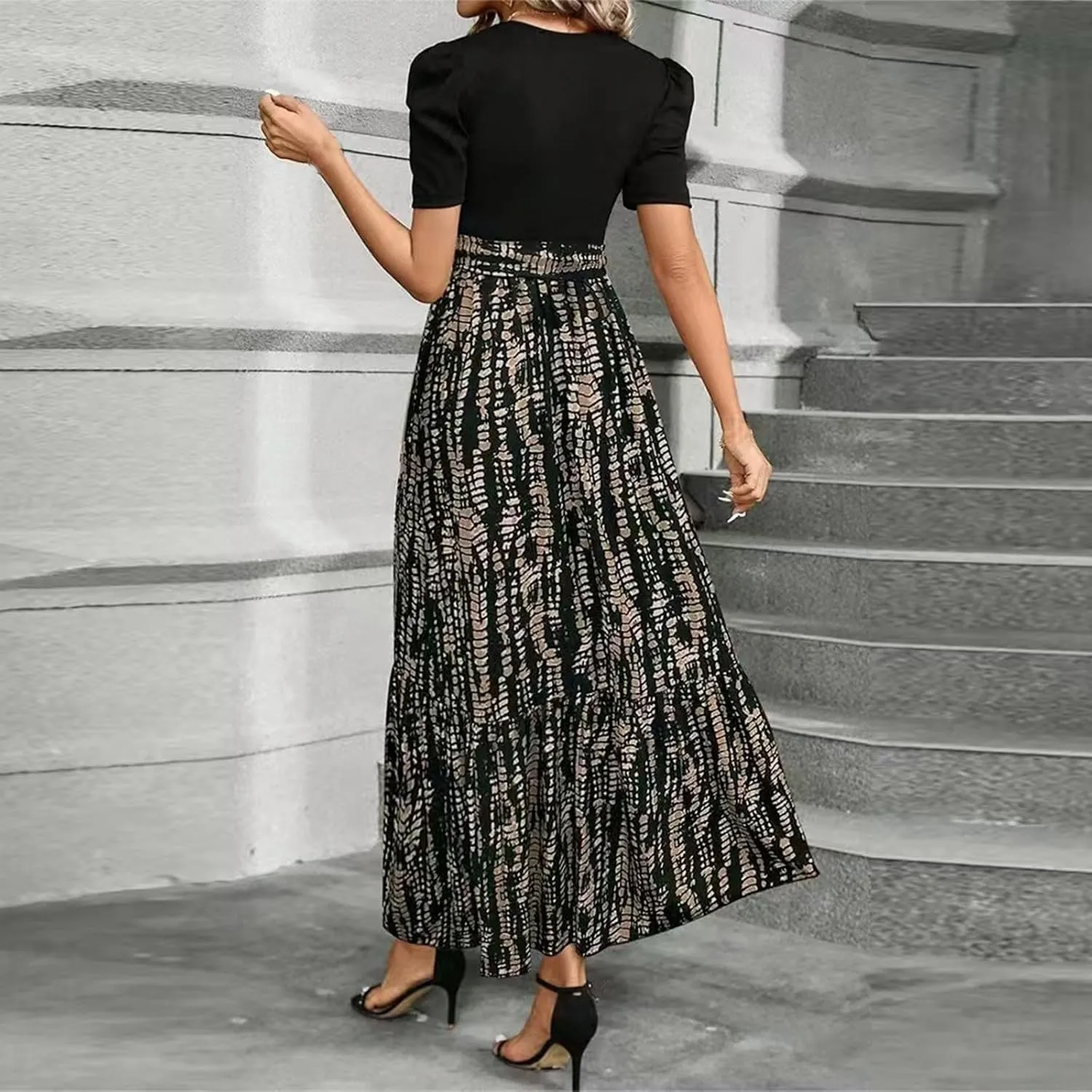Summer Dresses for Women 2025 Maxi Dress Ruffle Short Sleeve Casual Floral Print Empire Waist Long Flowy Dresses