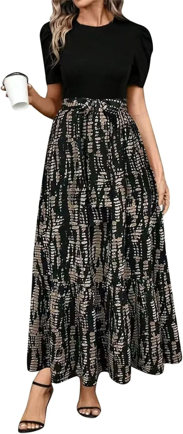 Summer Dresses for Women 2025 Maxi Dress Ruffle Short Sleeve Casual Floral Print Empire Waist Long Flowy Dresses