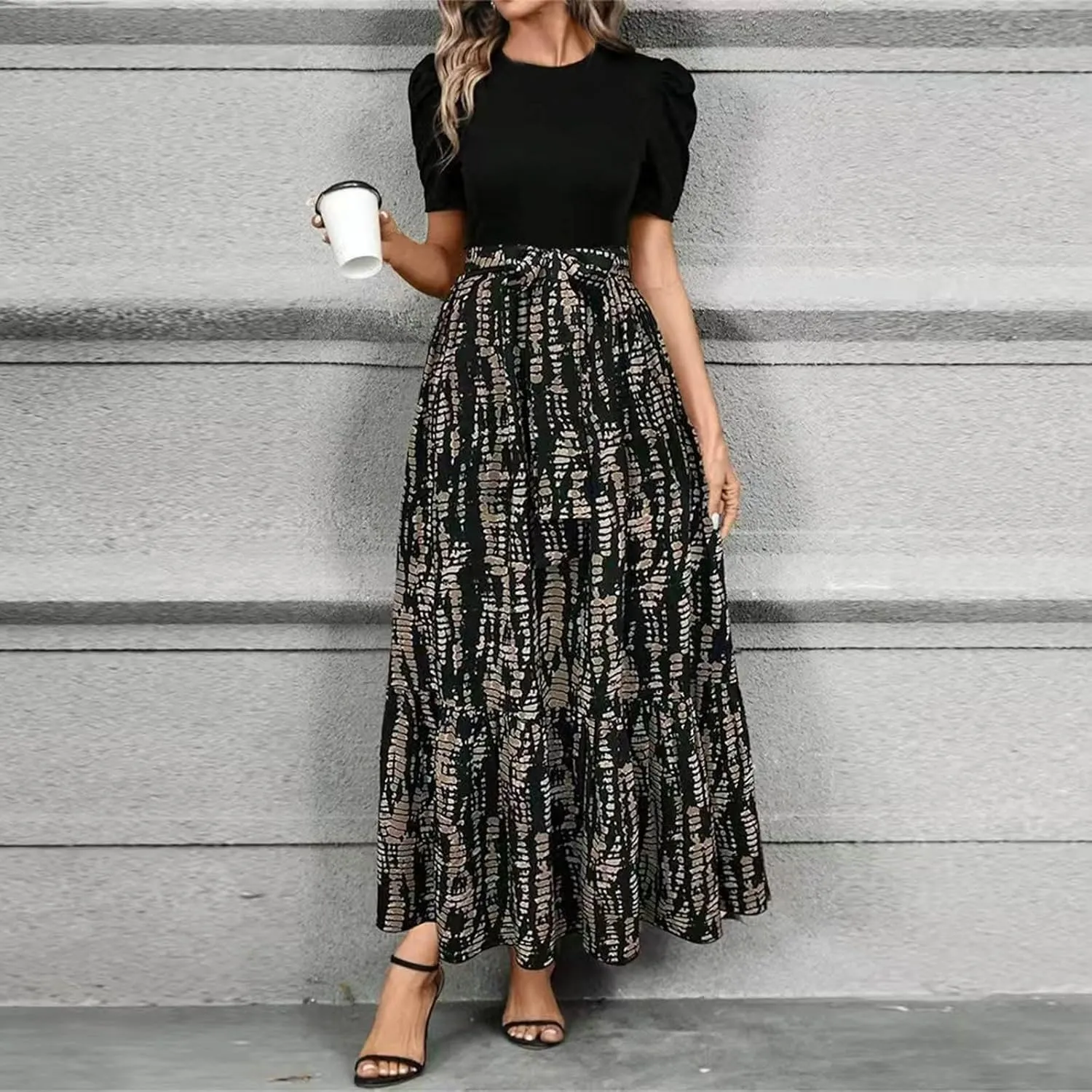 Summer Dresses for Women 2025 Maxi Dress Ruffle Short Sleeve Casual Floral Print Empire Waist Long Flowy Dresses