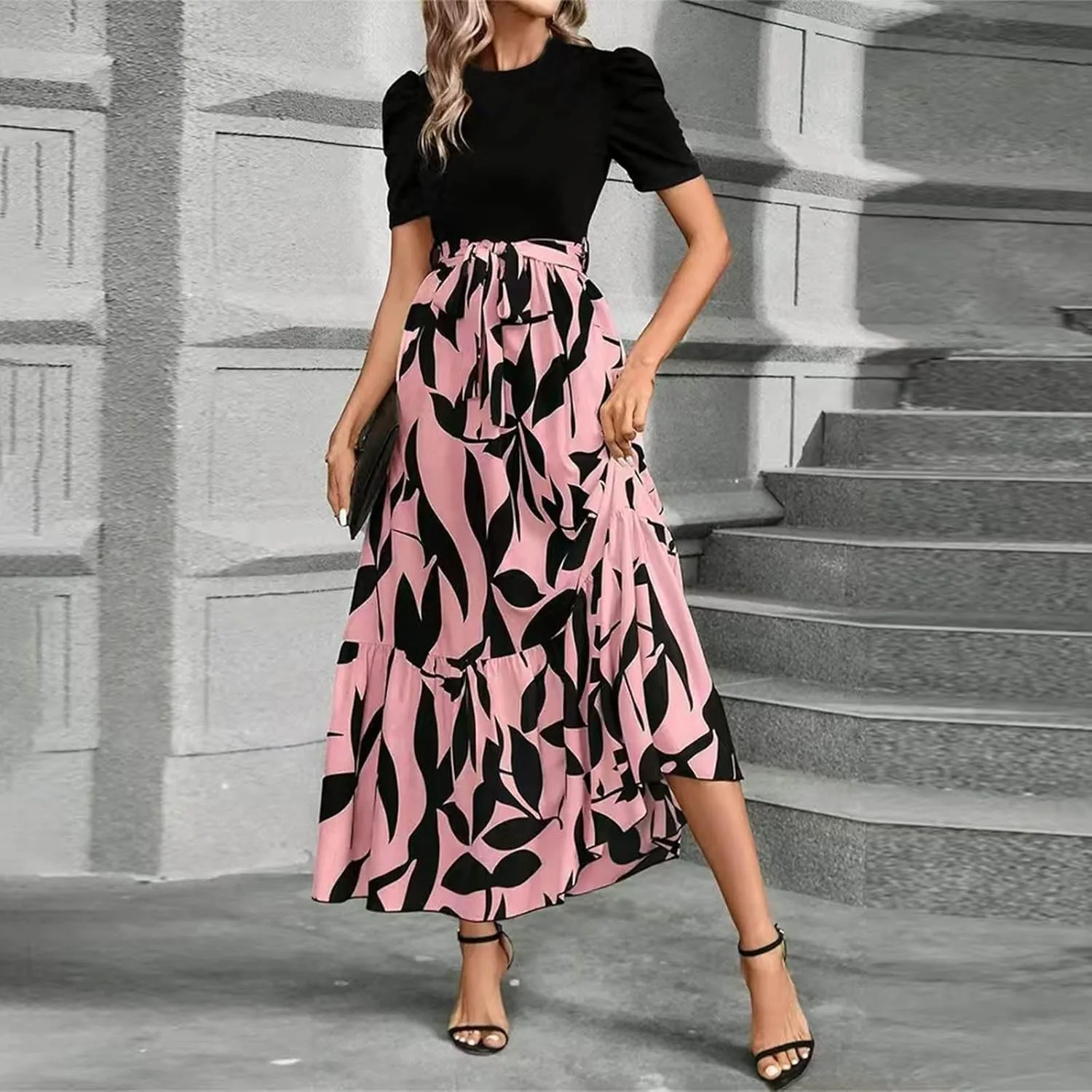 Summer Dresses for Women Puff Sleeve Flowy Floral Dress Casual Maxi Dress with Belt Elegant Sundress Long Dresses