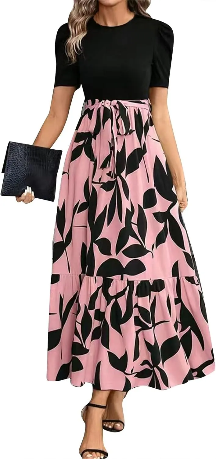 Summer Dresses for Women Puff Sleeve Flowy Floral Dress Casual Maxi Dress with Belt Elegant Sundress Long Dresses