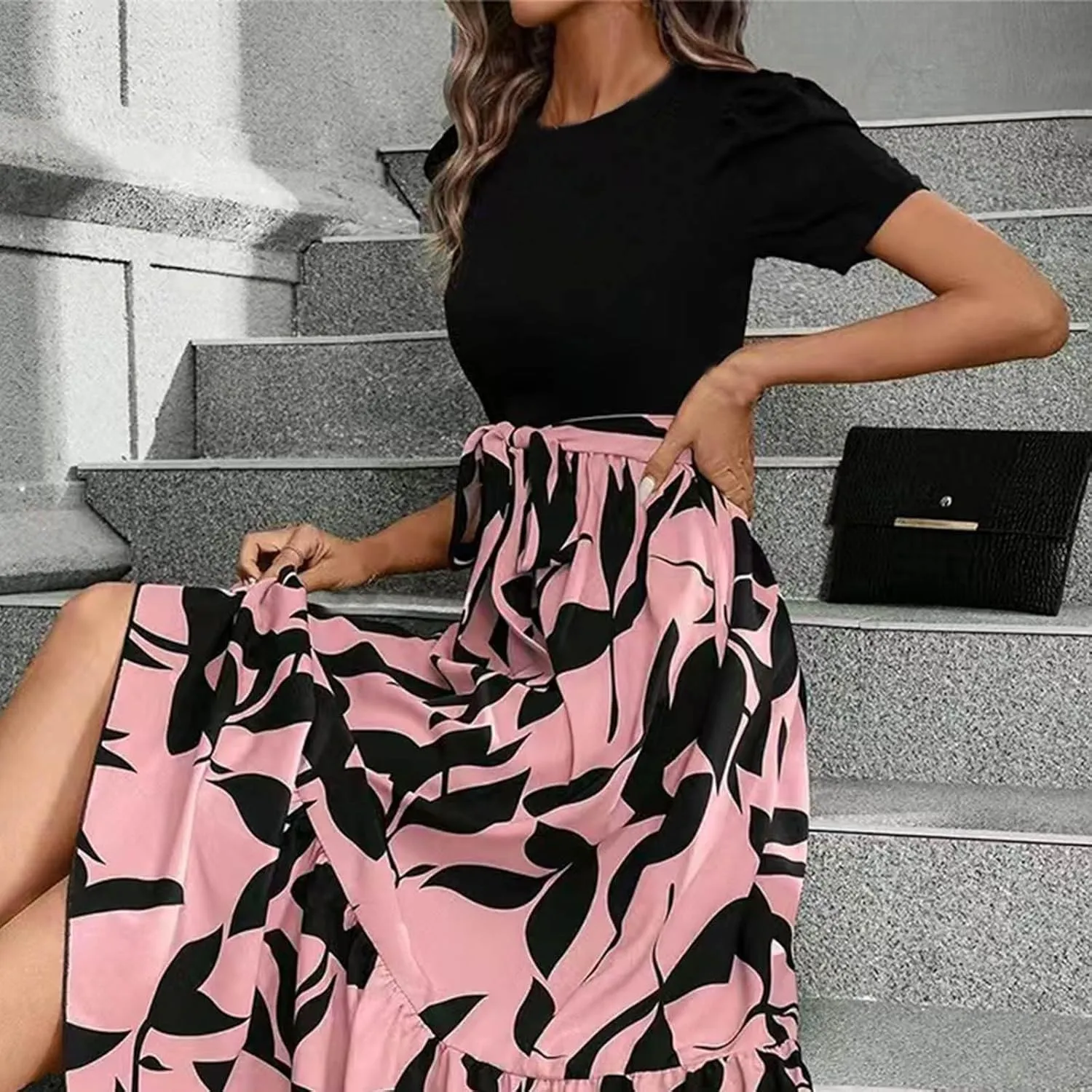 Summer Dresses for Women Puff Sleeve Flowy Floral Dress Casual Maxi Dress with Belt Elegant Sundress Long Dresses