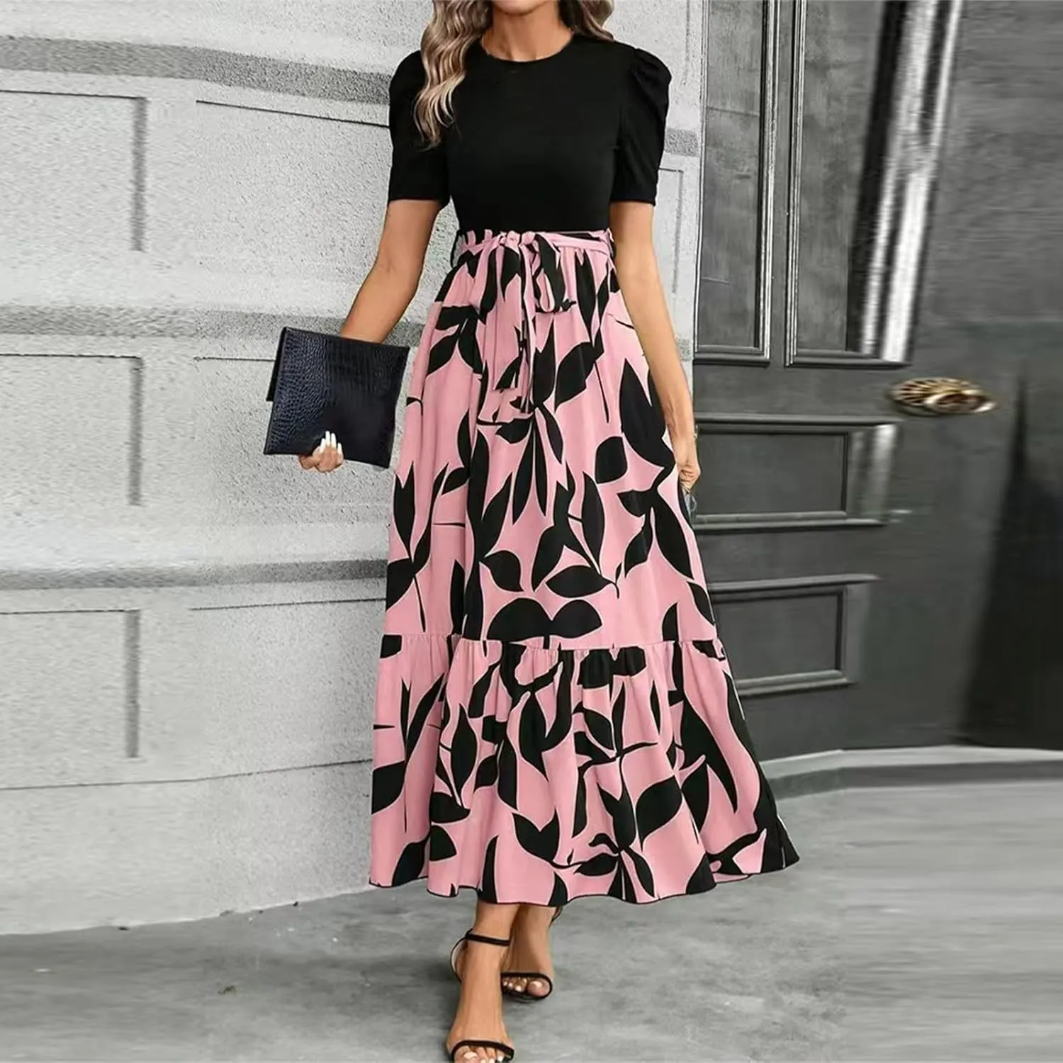 Summer Dresses for Women Puff Sleeve Flowy Floral Dress Casual Maxi Dress with Belt Elegant Sundress Long Dresses