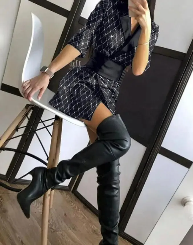 Uniwim Women Elegant Plaid Pattern Pu Leather Colorblock Glitter Blazer Dress Long Sleeve Blazers Dress Black Elegant Dresses for Women