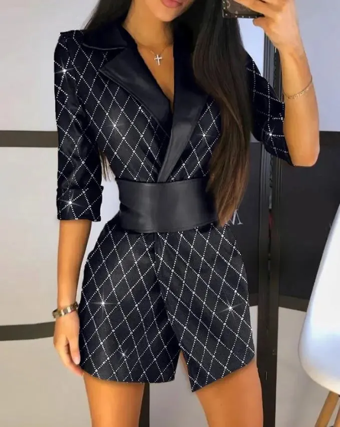 Uniwim Women Elegant Plaid Pattern Pu Leather Colorblock Glitter Blazer Dress Long Sleeve Blazers Dress Black Elegant Dresses for Women