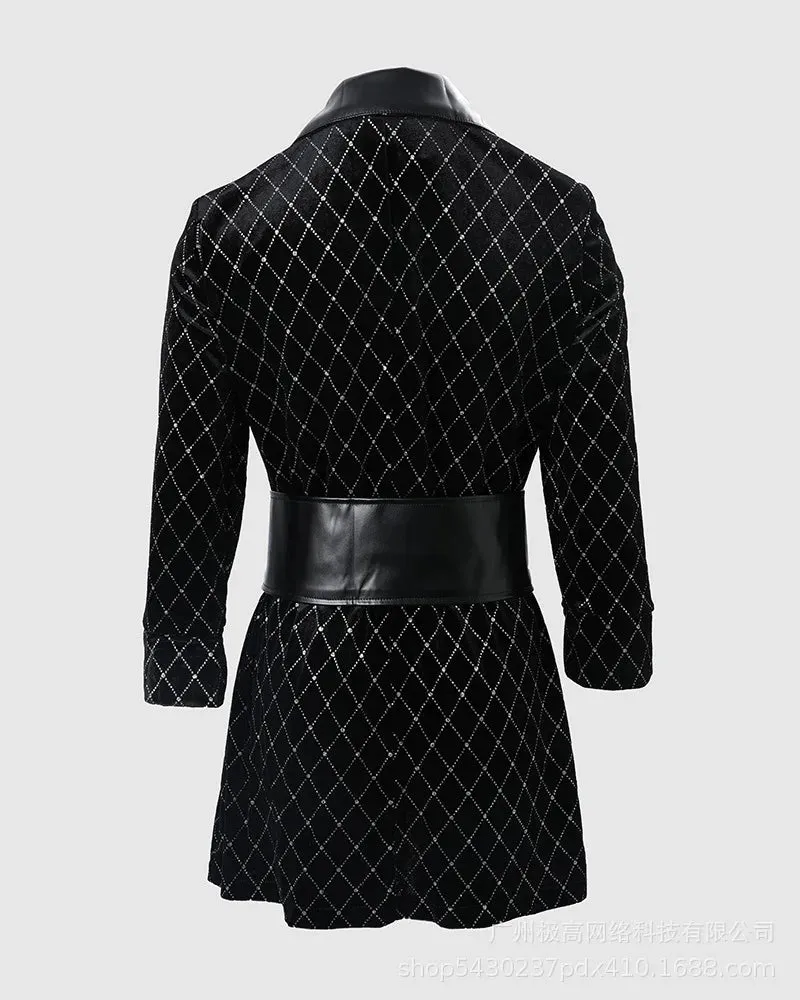 Uniwim Women Elegant Plaid Pattern Pu Leather Colorblock Glitter Blazer Dress Long Sleeve Blazers Dress Black Elegant Dresses for Women