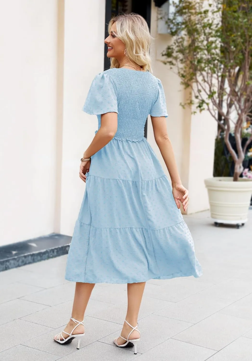Women Summer 2024 Smocked Midi Dress, Ruffle Short Sleeve V-Neck Flowy A-Line Tiered Swiss Dot Dresses with Pocket