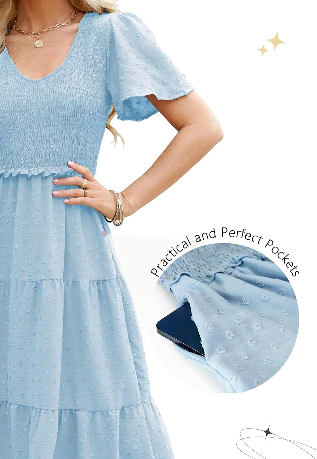 Women Summer 2024 Smocked Midi Dress, Ruffle Short Sleeve V-Neck Flowy A-Line Tiered Swiss Dot Dresses with Pocket