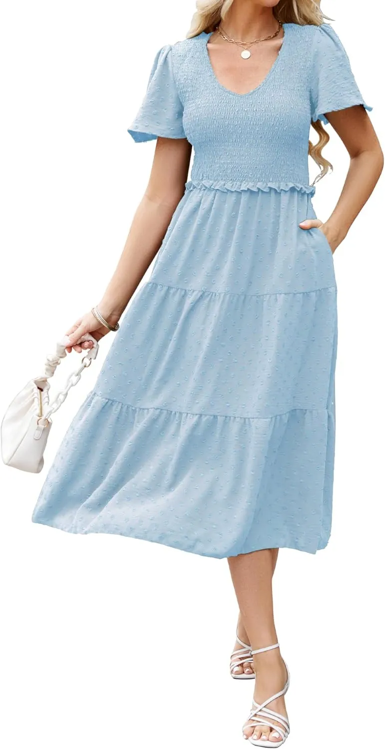 Women Summer 2024 Smocked Midi Dress, Ruffle Short Sleeve V-Neck Flowy A-Line Tiered Swiss Dot Dresses with Pocket