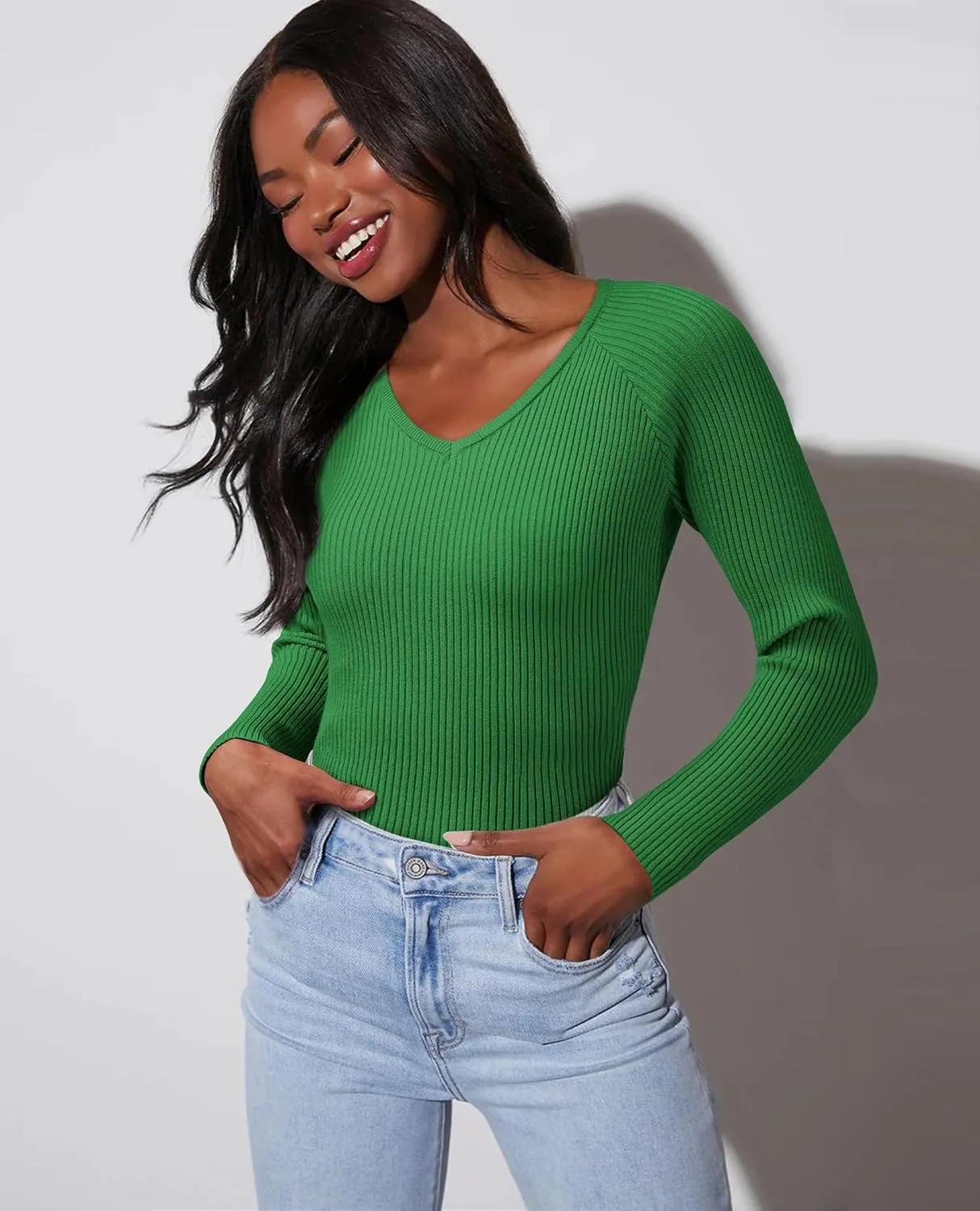 Women's 2024 V Neck Sweaters Fashion Fitted Long Sleeve Ribbed Knitted Pullover Trendy Business Work Tops