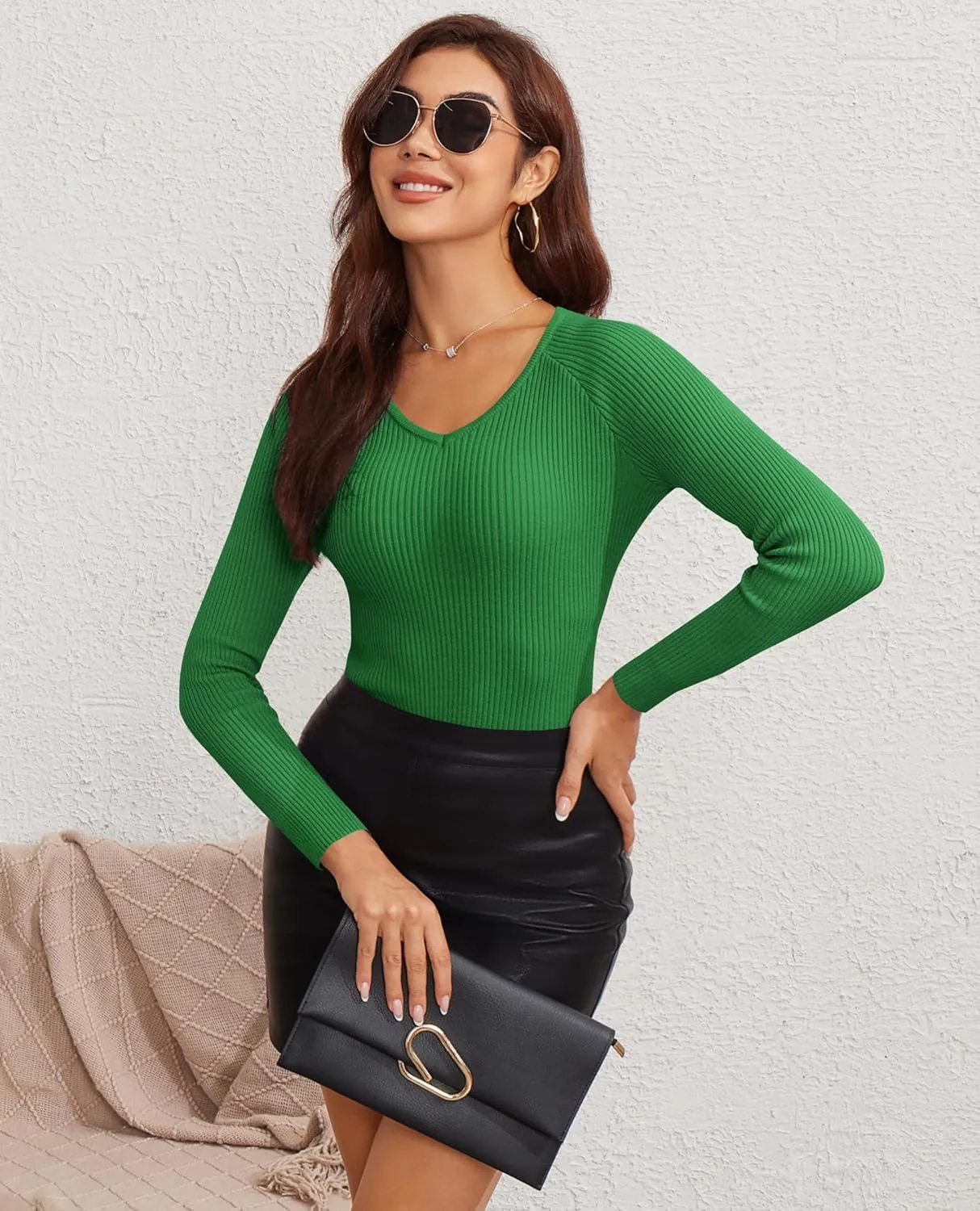 Women's 2024 V Neck Sweaters Fashion Fitted Long Sleeve Ribbed Knitted Pullover Trendy Business Work Tops