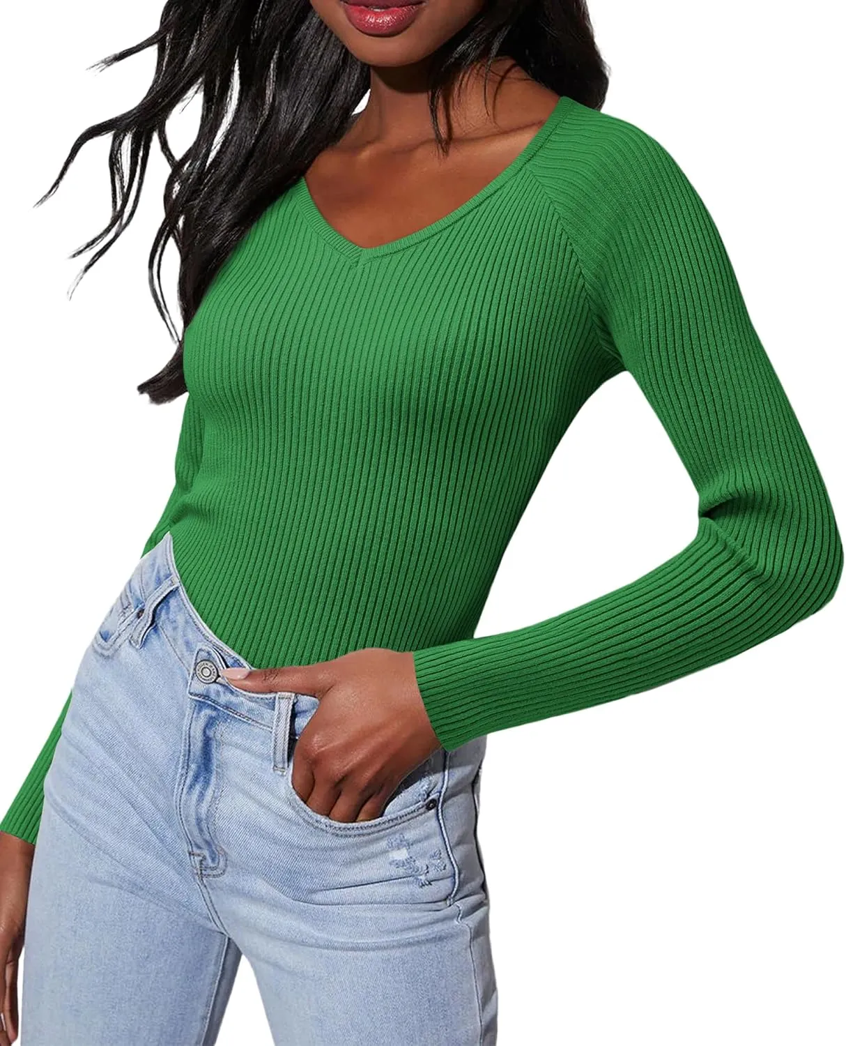 Women's 2024 V Neck Sweaters Fashion Fitted Long Sleeve Ribbed Knitted Pullover Trendy Business Work Tops