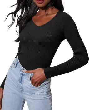 Women's 2024 V Neck Sweaters Fashion Fitted Long Sleeve Ribbed Knitted Pullover Trendy Business Work Tops