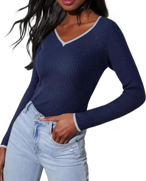 Women's 2024 V Neck Sweaters Fashion Fitted Long Sleeve Ribbed Knitted Pullover Trendy Business Work Tops