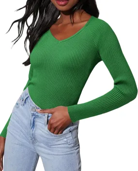 Women's 2024 V Neck Sweaters Fashion Fitted Long Sleeve Ribbed Knitted Pullover Trendy Business Work Tops