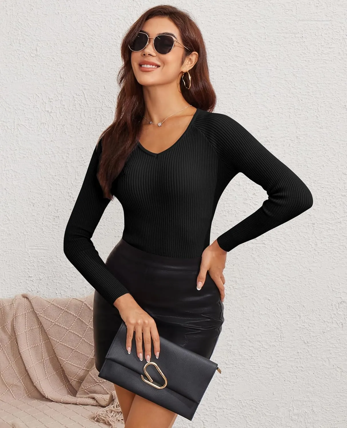 Women's 2024 V Neck Sweaters Fashion Fitted Long Sleeve Ribbed Knitted Pullover Trendy Business Work Tops