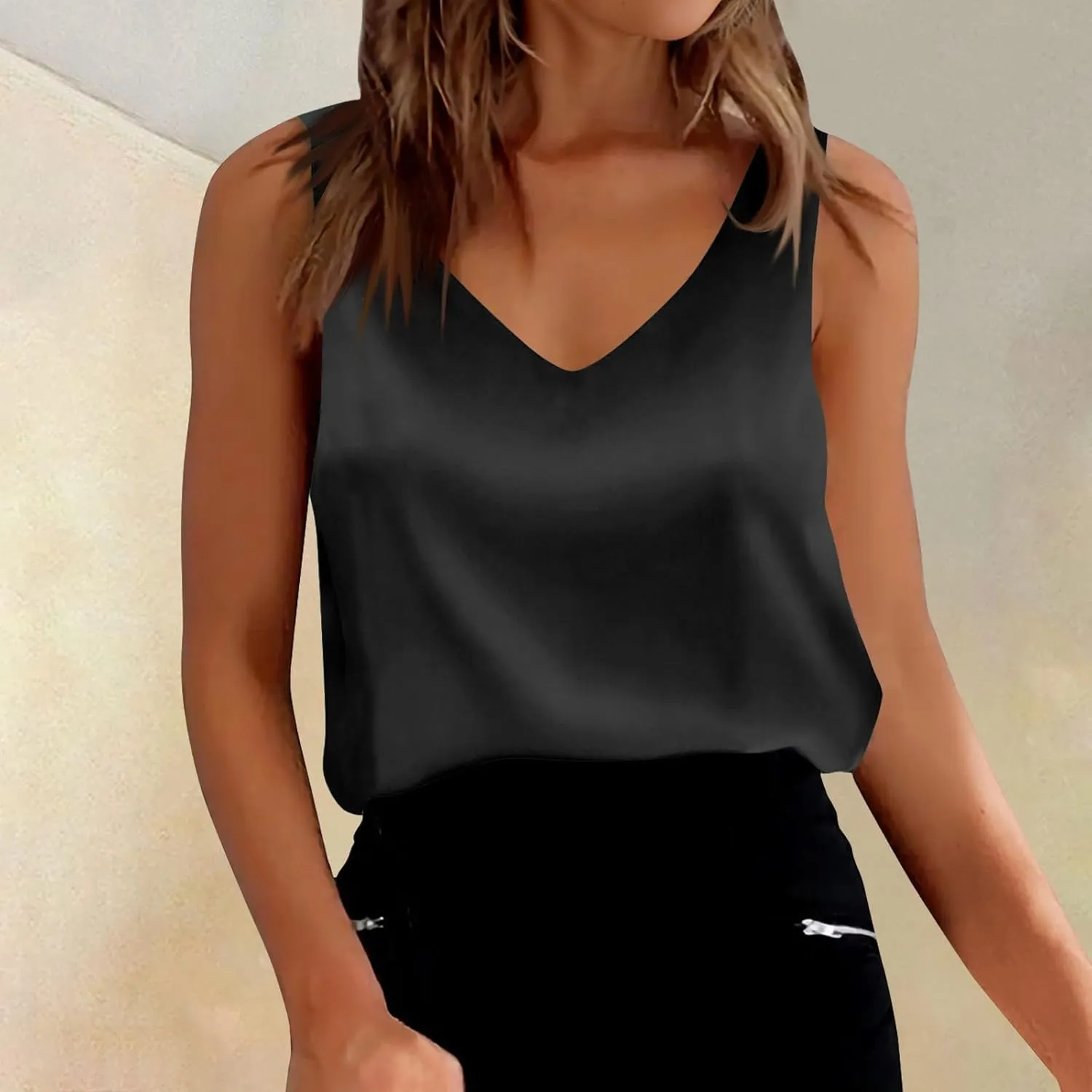 Womens Silk Satin Tank Tops V Neck Casual Cami Loose Fit Sleeveless Camisole Blouses Summer 2025 Basic Tank Shirt
