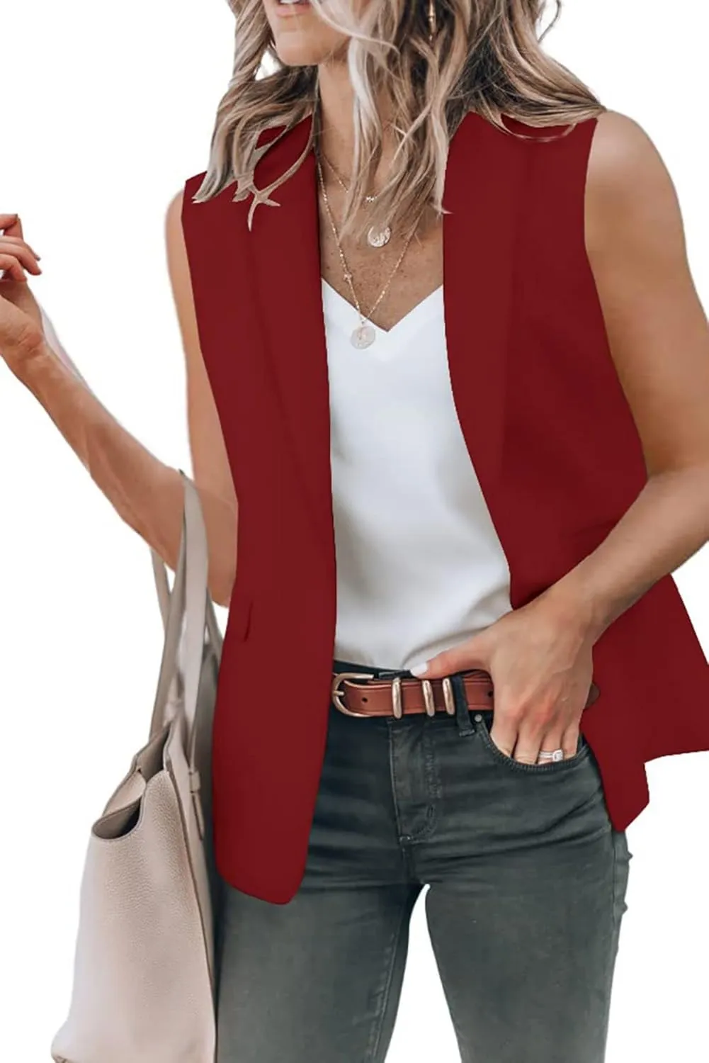 Women's Sleeveless Blazer Vest Lapel V Neck Work Office Jacket Waistcoat Casual Open Front Blazer Tops with Pockets