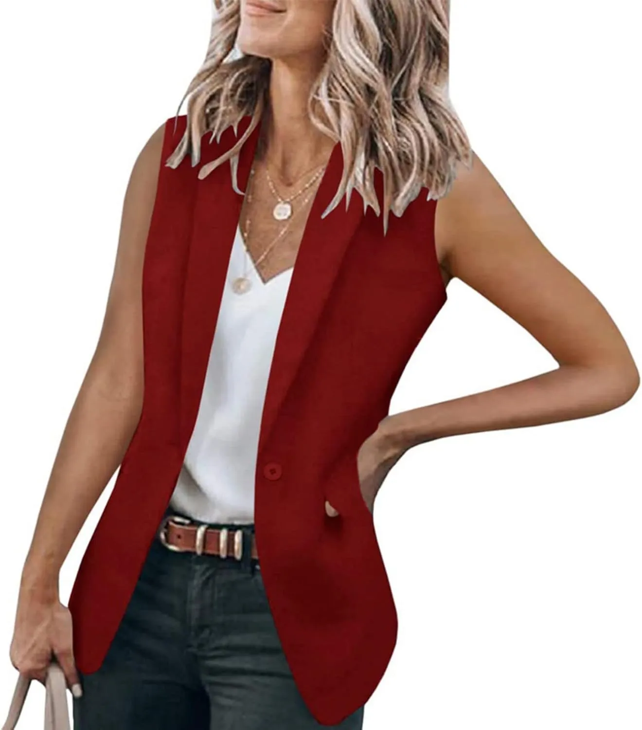 Women's Sleeveless Blazer Vest Lapel V Neck Work Office Jacket Waistcoat Casual Open Front Blazer Tops with Pockets