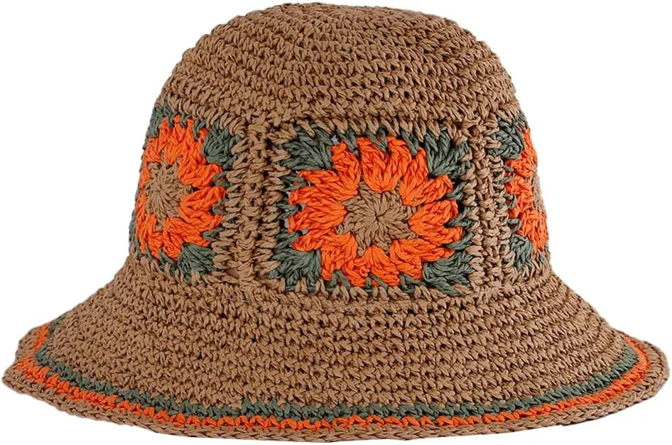 Womens Straw Sun Hat Woven Bucket Hat Floral Fishing Hat Beach Hat Foldable Cap Summer Chic Straw Chic Hat
