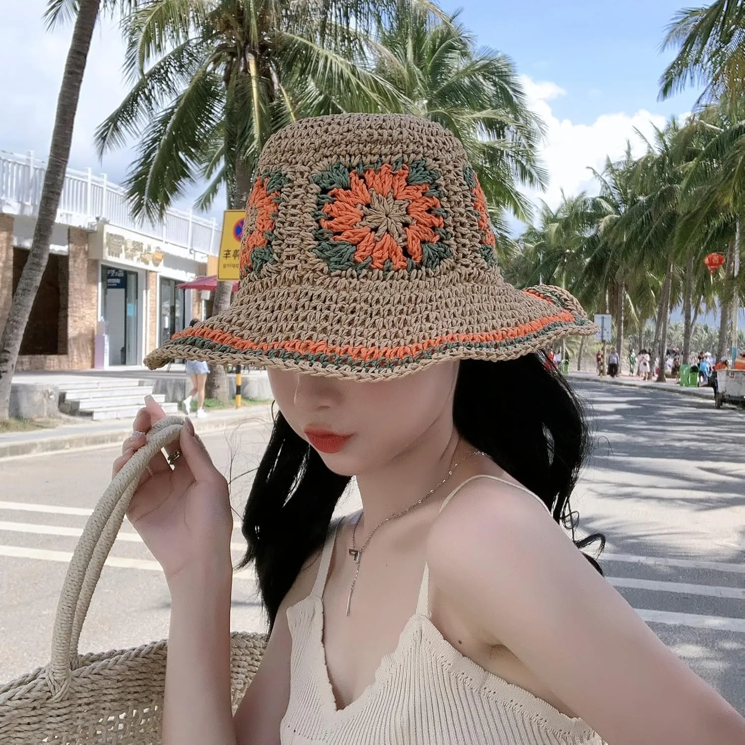 Womens Straw Sun Hat Woven Bucket Hat Floral Fishing Hat Beach Hat Foldable Cap Summer Chic Straw Chic Hat