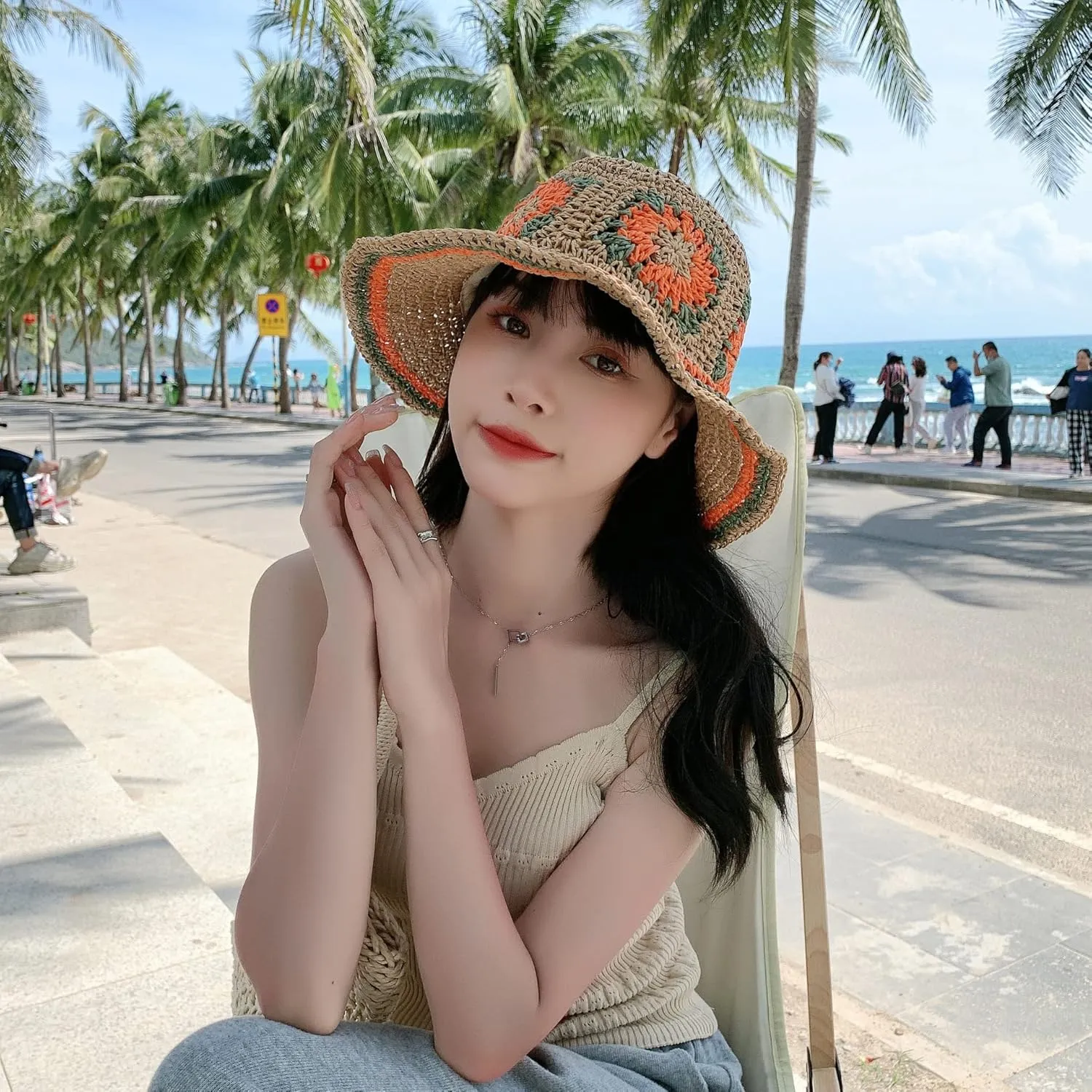 Womens Straw Sun Hat Woven Bucket Hat Floral Fishing Hat Beach Hat Foldable Cap Summer Chic Straw Chic Hat