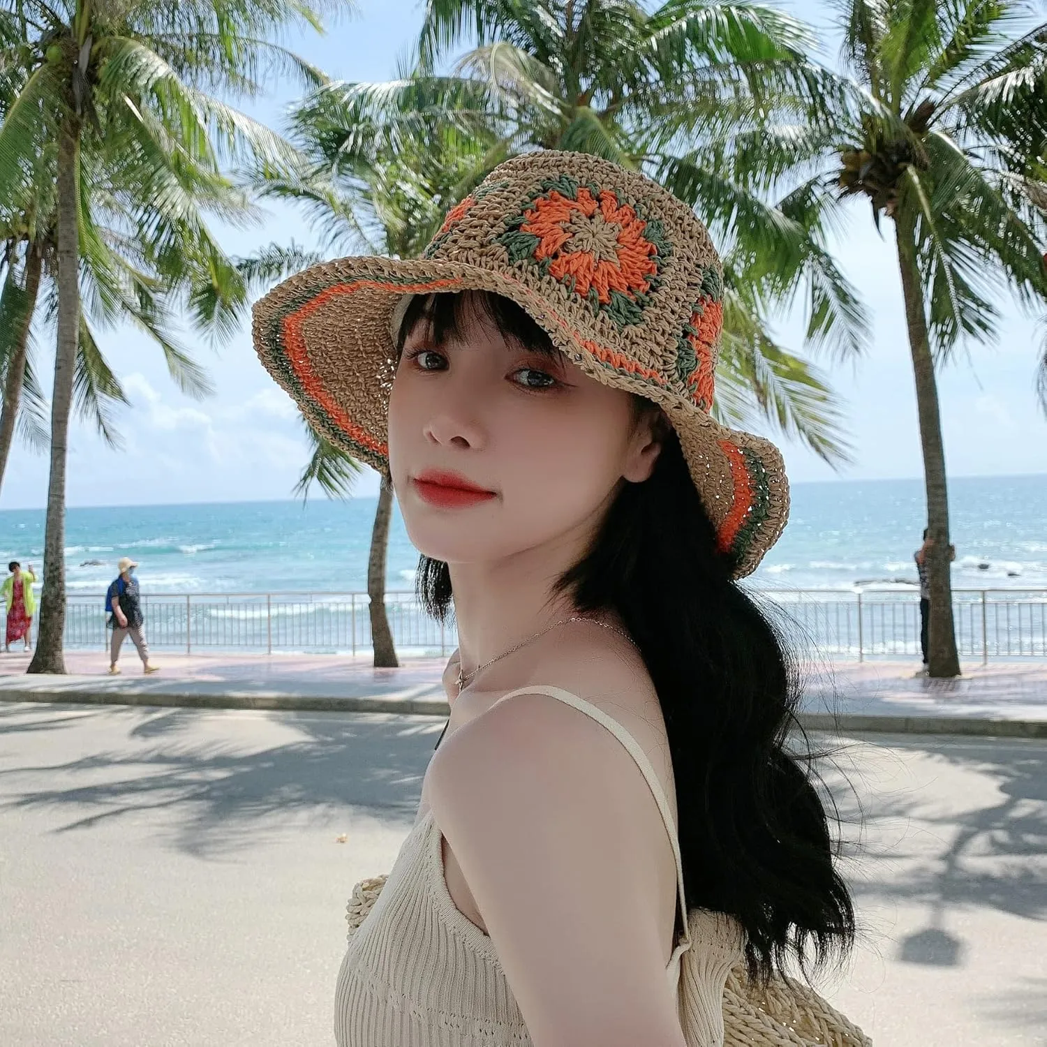 Womens Straw Sun Hat Woven Bucket Hat Floral Fishing Hat Beach Hat Foldable Cap Summer Chic Straw Chic Hat