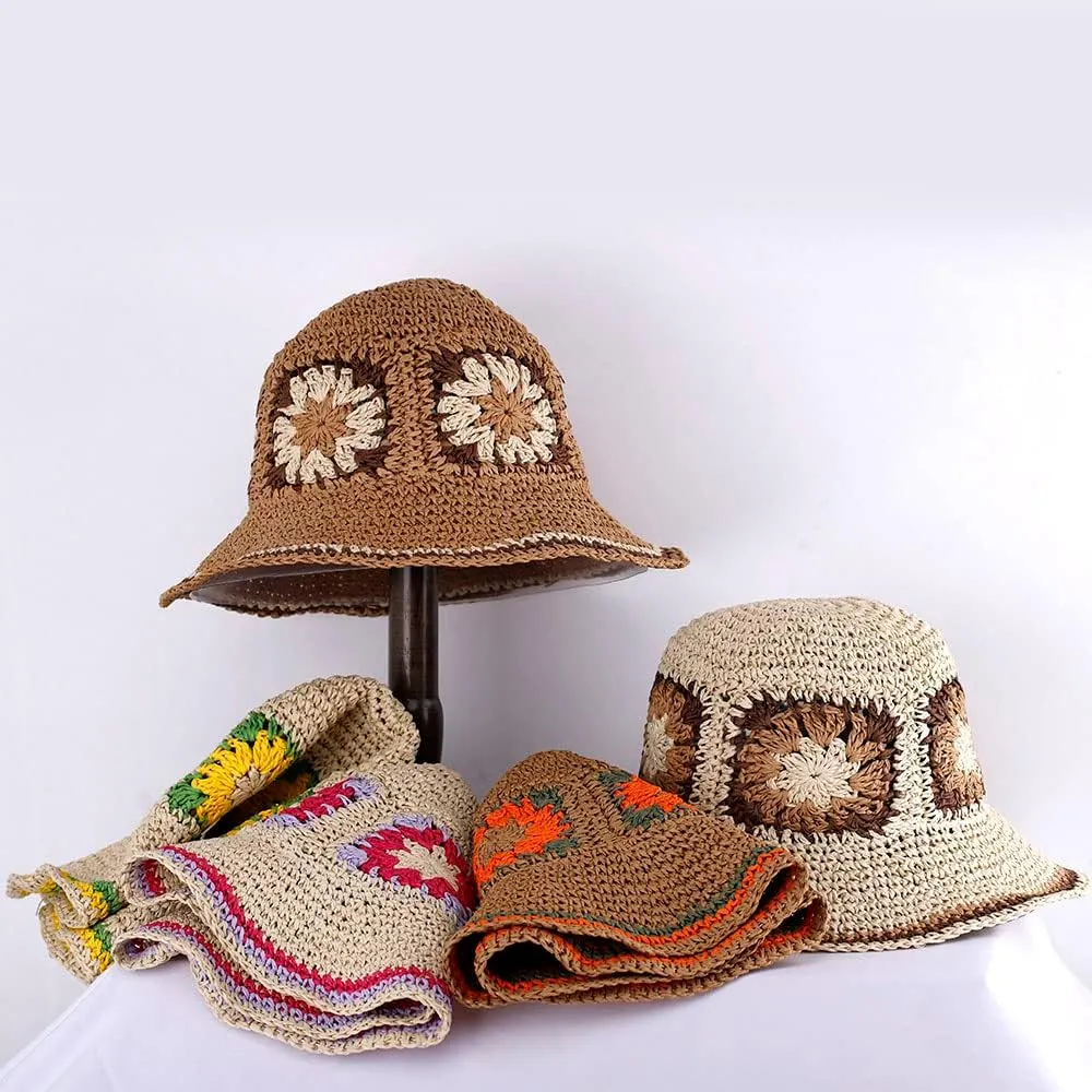 Womens Straw Sun Hat Woven Bucket Hat Floral Fishing Hat Beach Hat Foldable Cap Summer Chic Straw Chic Hat