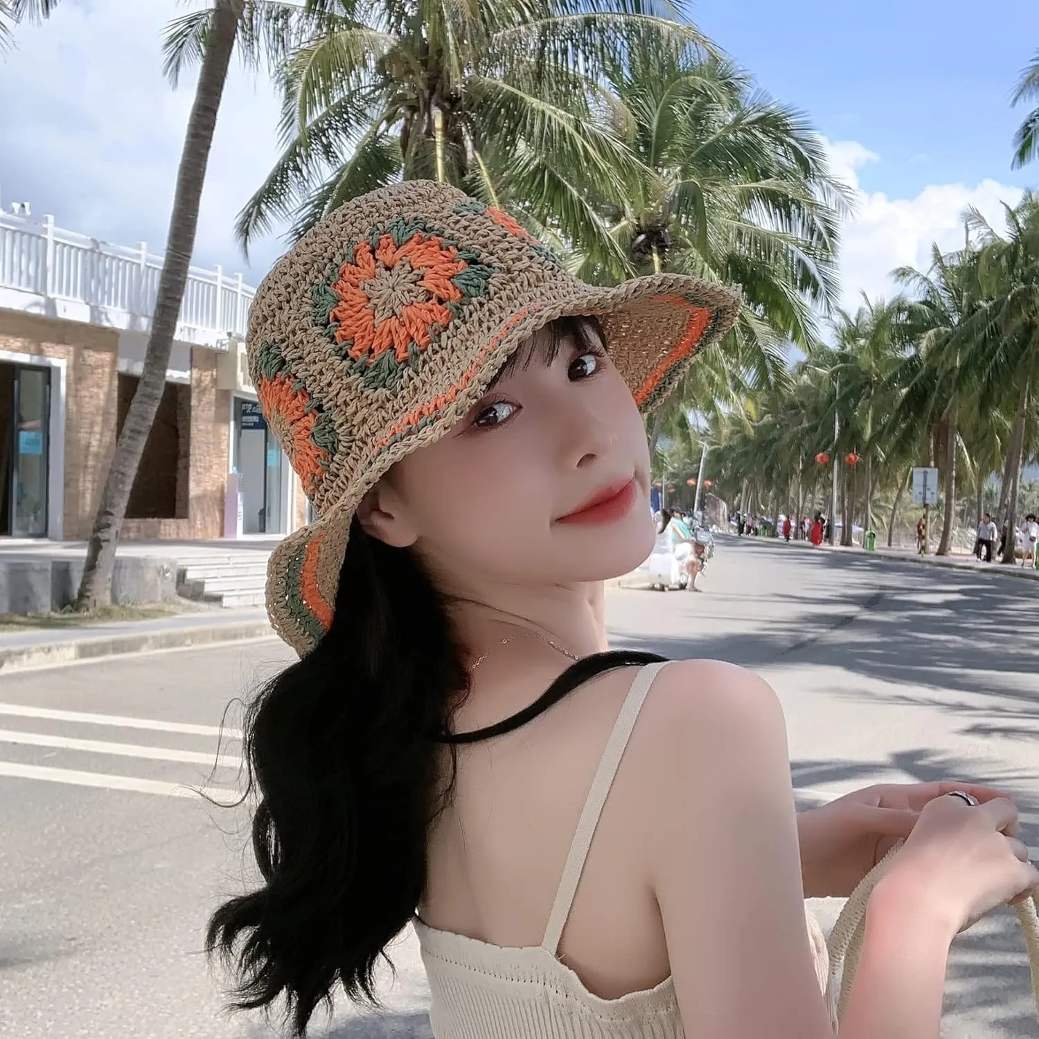 Womens Straw Sun Hat Woven Bucket Hat Floral Fishing Hat Beach Hat Foldable Cap Summer Chic Straw Chic Hat