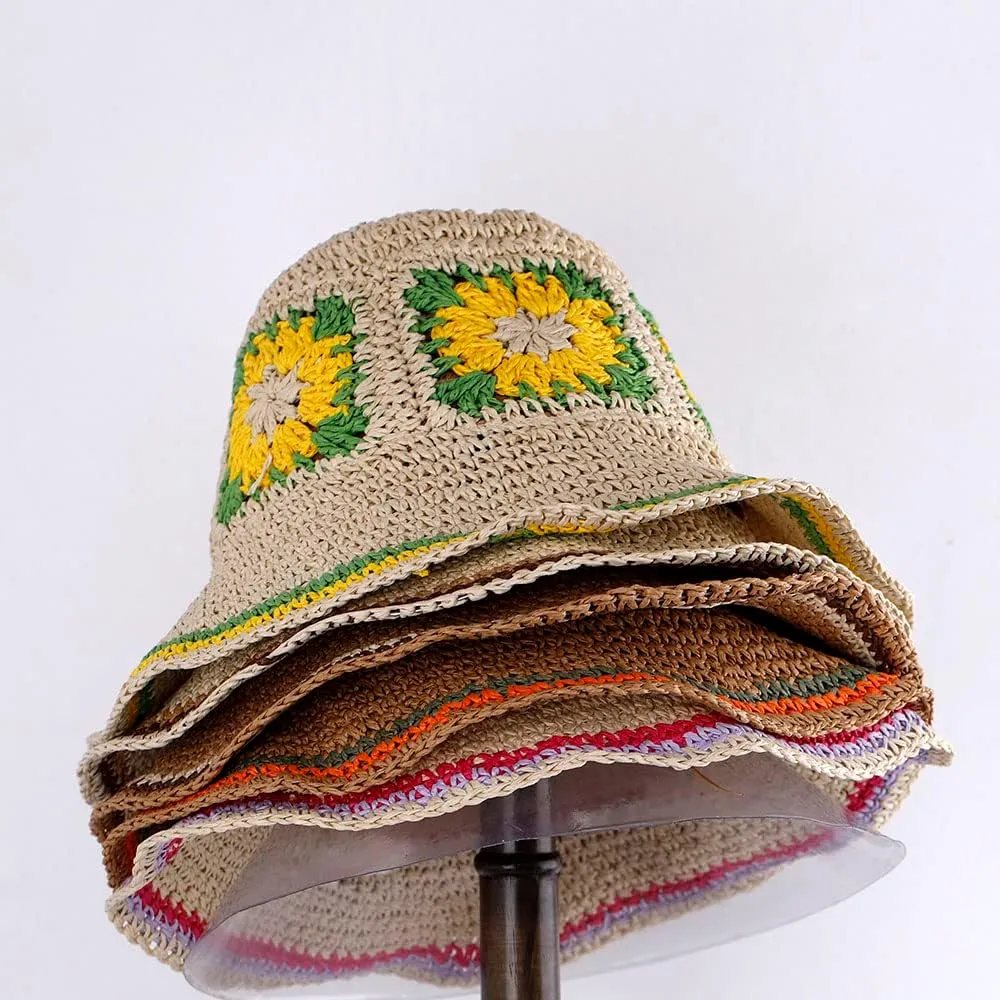 Womens Straw Sun Hat Woven Bucket Hat Floral Fishing Hat Beach Hat Foldable Cap Summer Chic Straw Chic Hat