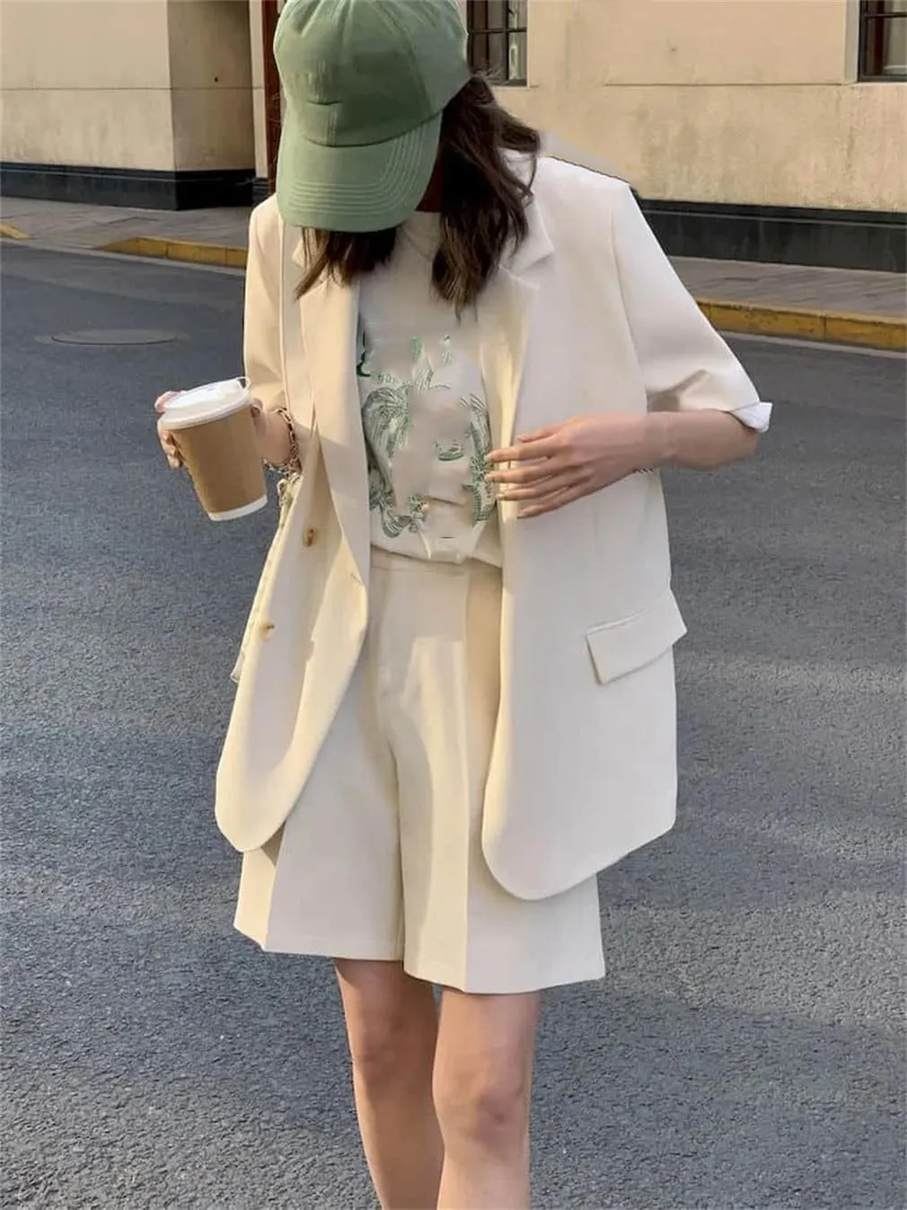 Women'S Thin Casual Loose Short Sleeve Blazer Solid Color Chic Notch Collar Suit Coat