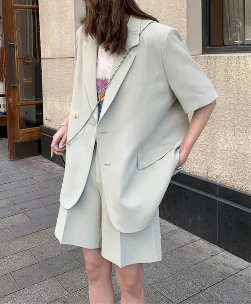 Women'S Thin Casual Loose Short Sleeve Blazer Solid Color Chic Notch Collar Suit Coat