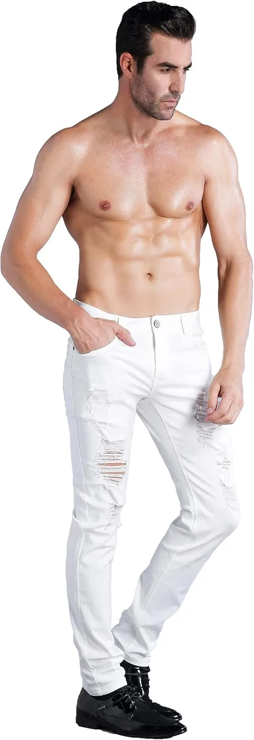 ZLZ Blue Black Ripped Distressed Jeans for Men Slim Fit, Men's Fashion Design Streetwear Destroyed Jeans Pants Stretch Fit
